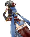  1girl armor ass bangs black_hair blush breasts dango eyebrows_visible_through_hair fingerless_gloves food gloves hair_between_eyes hair_ornament headband highres japanese_clothes kamura_(armor) looking_at_viewer monster_hunter_(series) monster_hunter_rise shino-o short_hair simple_background solo thigh-highs wagashi 