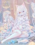  1girl animal_ears babydoll bangs barefoot book braid bug butterfly cat cat_ears cat_tail choker eyebrows_visible_through_hair facial_mark flower highres insect long_hair looking_at_viewer navel original pale_skin sheya signature sitting solo tail twin_braids vase white_hair 