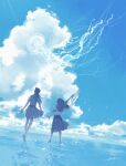 2girls arm_at_side arm_up barefoot blue_sky blue_theme canai clouds cloudy_sky commentary_request day facing_away floating grey_hair grey_skirt holding jellyfish long_hair long_skirt multiple_girls original outstretched_arm ponytail reflection scenery school_uniform shirt signature skirt sky standing tentacles vest water water_gun white_shirt wide_shot 