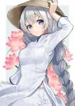 1girl :3 alternate_costume binchou_maguro blue_eyes border braid breasts chinese_clothes closed_mouth clothing_request commentary_request cowboy_shot floral_background flower grey_background grey_hair hand_on_headwear hat highres kizuna_akari light_smile long_hair long_sleeves looking_at_viewer lotus mandarin_collar medium_breasts outside_border pants rice_hat shirt side_slit sleeves_past_elbows solo twin_braids twintails twitter_username very_long_hair vocaloid voiceroid white_border white_pants white_shirt