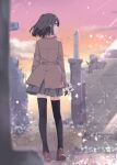  1girl absurdres black_hair black_legwear blurry blurry_background facing_away flower headphones headphones_around_neck highres holding holding_flower jacket looking_to_the_side matsuda_hikari medium_hair original outdoors ruins solo thigh-highs 