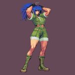  1girl arms_behind_head bangs blue_eyes blue_hair brown_gloves closed_mouth cropped_jacket earrings fighting_stance gloves green_jacket green_shorts hair_tie high_ponytail jacket jewelry leona_heidern looking_at_viewer midriff muscular muscular_female navel omegachaino pixel_art ponytail shorts snk solo the_king_of_fighters toned tying_hair 