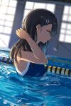  1girl black_hair blue_swimsuit blurry blurry_background breasts brown_eyes competition_swimsuit dark-skinned_female dark_skin day ear_clip from_side hair_ornament hairclip hand_in_hair highres ijiranaide_nagatoro-san isshiki_(ffmania7) long_hair nagatoro_hayase official_art one-piece_swimsuit pool small_breasts solo swimsuit wading wet wet_hair 