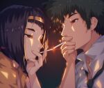  1boy 1girl a.x. black_background black_neckwear cigarette cigarette_kiss closed_mouth collarbone cowboy_bebop cropped faye_valentine fingernails green_eyes green_hair hairband half-closed_eyes holding holding_cigarette long_fingernails looking_at_another necktie purple_hair red_eyes short_hair smoking spike_spiegel upper_body yellow_hairband 