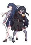  black_hair dual_persona high_heels highres long_hair onion open_mouth pale_skin red_eyes shovel somasoutaro yamada_tae zombie zombie_land_saga 