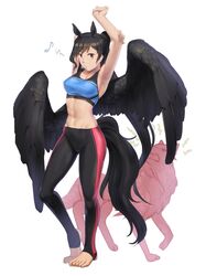  1girl adapted_costume alternate_costume animal_ears black_hair black_wings breasts highres horse_ears horse_girl horse_tail kurokoma_saki leggings medium_breasts midriff navel ponytail shinburu sports_bra sportswear tail touhou wings wolf_spirit_(touhou) 