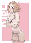  1girl blush bra garter_belt highres okumura_haru panties persona persona_5 pink_bra pink_panties poechan_chan thigh-highs underwear 