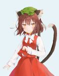  1girl :&gt; animal_ears blue_background blush bow bowtie brown_eyes brown_hair cat_ears cat_tail chaki_(kinaneko2149) chen commentary_request cowboy_shot dress fang gold_trim hat highres mob_cap multiple_tails nekomata red_dress short_hair simple_background solo tail touhou two_tails white_neckwear 