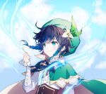  1boy androgynous bangs beret black_hair blue_hair blush bow braid brooch cape closed_mouth clouds cloudy_sky collared_cape collared_shirt corset dandelion dandelion_seed day english_commentary eyebrows_visible_through_hair flower frilled_sleeves frills genshin_impact gradient_hair green_eyes green_headwear hat hat_flower holding jewelry leaf long_sleeves male_focus multicolored_hair outdoors rumi_(rarumi11) shirt short_hair_with_long_locks sky smile solo symbol_commentary twin_braids venti_(genshin_impact) white_flower white_shirt wind 