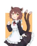  1girl :d alternate_costume animal_ears apron brown_eyes brown_hair cat_ears cat_tail chaki_(kinaneko2149) chen cowboy_shot enmaided fang hand_up heart highres jewelry maid multiple_tails nekomata no_hat no_headwear open_mouth orange_background short_hair simple_background single_earring skin_fang smile solo tail touhou two_tails 