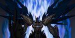  absurdres belial_(iron_saga) blue_eyes blue_fire chinese_commentary fire glowing glowing_eye highres iron_saga looking_at_viewer mecha mechanical_wings no_humans science_fiction solo wings yi_huizi 