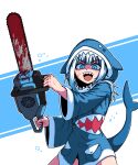  1girl :d animal_hood blood blood_on_face blue_background blue_eyes blue_hair blue_hoodie chainsaw commentary_request cowboy_shot eyebrows_visible_through_hair fish_tail formicid gawr_gura hand_up highres holding holding_chainsaw hololive hololive_english hood hood_up hoodie korean_commentary legs_apart long_hair long_sleeves looking_at_viewer mixed-language_commentary multicolored_hair no_pants open_mouth outline pocket shaded_face shark_hood shark_tail sharp_teeth slit_pupils smile solo streaked_hair tail teeth two-handed upper_teeth v-shaped_eyebrows virtual_youtuber white_background wide-eyed wide_sleeves 