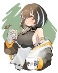  1girl arknights artist_name breasts brown_hair clothes_around_waist coffee coffee_mug collarbone commentary cup eating food from_side grey_sweater highres holding holding_cup holding_food looking_at_viewer magallan_(arknights) mug multicolored_hair navel off-shoulder_sweater off_shoulder retri sandwich sideboob sideways_glance solo streaked_hair sweater twitter_username white_hair white_sleeves yellow_eyes 
