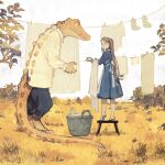  1girl animal apron bangs barefoot basket blue_dress blue_pants brown_eyes brown_hair bush child claws clothed_animal clothesline collared_shirt crocodile crocodilian dress grass highres holding laundry laundry_basket long_hair long_sleeves looking_at_another on_stool original outdoors pants sharp_teeth shirt slit_pupils stool tail teeth tono_(rt0no) white_shirt 