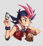  arm_belt belt black_hair blush bracelet brown_gloves card character_request commentary_request fingerless_gloves gender_request gloves grin hands_up holding holding_card jewelry koma_yoichi necklace pink_hair red_eyes shiny shiny_skin shirt single_glove sleeveless smile solo spiky_hair teeth upper_body yu-gi-oh! 