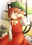  1girl ;&lt; ;3 absurdres animal_ear_fluff animal_ears blush bow bowtie brown_eyes brown_hair cat_ears cat_tail chen day dress flat_chest gold_trim hand_up hat highres indoors jewelry juliet_sleeves long_sleeves looking_at_viewer mob_cap multiple_tails nekomata one_eye_closed puffy_sleeves red_dress short_hair single_earring sitting solo tail tatami touhou two_tails wariza yarn yarn_ball yu_cha 