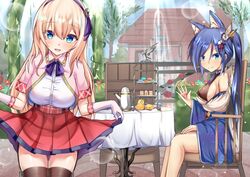  2girls absurdres animal_ear_fluff animal_ears azur_lane blonde_hair blue_eyes blue_hair blush breasts commentary_request commission flower fox_ears gloves hair_ornament hairband highres huge_filesize jintsuu_(azur_lane) large_breasts leander_(azur_lane) long_hair looking_at_viewer manatu_kato manjuu_(azur_lane) multiple_girls retrofit_(azur_lane) skeb_commission tail tea_party thigh-highs wide_sleeves 