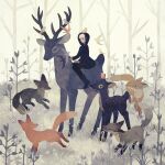  1girl animal animal_on_head antlers bangs bird bird_on_head black_dress black_footwear black_legwear boots closed_eyes deer dress fawn flower fox grass hood hood_up hooded_dress on_head original outdoors riding short_hair sitting tono_(rt0no) tree white_hair wings 