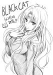  1girl bangs black_cat_(series) breasts cat copyright_name dated facial_mark forehead_mark greyscale hair_behind_ear hand_on_own_chest highres long_hair looking_at_viewer medium_breasts monochrome parted_bangs sephiria_arks sketch solo white_background yabuki_kentarou 