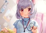  1girl animal_ears ari_don bangs blonde_hair blush closed_mouth commentary_request grey_hair indoors intravenous_drip lanyard looking_at_viewer mouse_ears mouse_girl mouse_tail nazrin nurse red_eyes short_hair smile solo stethoscope tail touhou upper_body 