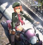  1girl belt belt_pouch beret blue_eyes blurry blurry_background breasts brown_belt brown_gloves closed_mouth collared_shirt commentary copyright_name cowboy_shot cropped_jacket day eiyuu_densetsu enami_katsumi from_above gloves green_headwear green_jacket grey_legwear grey_shirt ground_vehicle hair_between_eyes hajimari_no_kiseki hat jacket leather leather_gloves light_brown_hair logo looking_at_viewer medium_breasts motor_vehicle motorcycle necktie noel_seeker official_art outdoors pavement pink_neckwear pink_shorts pouch railing riding shirt short_hair short_shorts shorts sitting smile solo strap sunlight thigh-highs thighs unzipped wing_collar zettai_ryouiki 