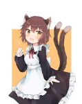  1girl :d alternate_costume animal_ears apron brown_eyes brown_hair cat_ears cat_tail chaki_(kinaneko2149) chen cowboy_shot enmaided fang hand_up heart highres jewelry maid multiple_tails nekomata no_hat no_headwear open_mouth orange_background short_hair simple_background single_earring skin_fang smile solo tail touhou two_tails 