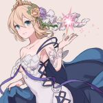  1girl bangs bare_shoulders blonde_hair blue_eyes botamochi_(exwelder) breasts collarbone cowboy_shot cygames dress europa_(granblue_fantasy) flower granblue_fantasy hair_between_eyes hair_flower hair_ornament large_breasts looking_at_viewer short_dress short_hair sleeveless sleeveless_dress smile solo standing strapless strapless_dress tiara white_dress 