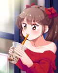  +_+ 1girl absurdres bare_shoulders bow brown_hair bubble_tea collarbone cup disposable_cup drinking drinking_straw hair_bow highres kantai_collection off-shoulder_sweater off_shoulder red_eyes ryuujou_(kancolle) solo suzune_kou sweater twintails upper_body 