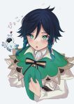  1boy androgynous arrow_(symbol) bangs barbatos_(genshin_impact) beret black_hair blue_hair blush bow braid cape cloak collared_cape collared_shirt commentary_request detached_wings elemental_(creature) eyebrows_visible_through_hair flower frilled_sleeves frills genshin_impact gradient_hair green_eyes green_headwear hat highres holding holding_clothes holding_hat hood hood_up hooded_cloak long_sleeves male_focus multicolored_hair notice_lines open_mouth raku_ge shirt short_hair_with_long_locks simple_background solo spirit translation_request twin_braids venti_(genshin_impact) white_background white_flower white_shirt wings 