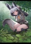  1girl animal_ear_fluff animal_ears artist_request bat-eared_fox_(kemono_friends) black_gloves blush breasts brown_eyes extra_ears fox_ears fox_tail full_body gloves grey_hair highres kemono_friends large_breasts letterboxed light_smile looking_at_viewer multicolored_hair open_mouth outdoors rain short_hair silver_hair solo squatting streaked_hair tail 