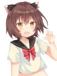  1girl absurdres animal_ears blush bow bowtie breasts brown_eyes brown_hair cat_ears chaki_(kinaneko2149) chen claw_pose fang hand_up highres jewelry midriff red_neckwear shirt short_hair simple_background single_earring skin_fang small_breasts solo touhou underwear white_background white_shirt 