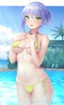  1girl bangs bikini blue_sky blush breasts collarbone commentary_request day eyebrows_visible_through_hair green_eyes hands_on_own_chest highres jewelry looking_at_viewer medium_breasts mizuya_nao navel necklace open_mouth original outdoors pool pool_ladder purple_hair ribbon short_hair short_ponytail side-tie_bikini skindentation sky solo stomach swimsuit thigh_strap under_boob water yellow_bikini yellow_ribbon 