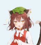  1girl :&gt; :3 :d animal_ears blue_background blush bow bowtie brown_eyes brown_hair cat_ears cat_tail chaki_(kinaneko2149) chen commentary_request cowboy_shot dress fang gold_trim hat highres mob_cap multiple_tails nekomata open_mouth red_dress short_hair simple_background smile solo tail touhou two_tails white_neckwear 