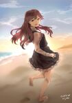  1girl ajino_(sakanahen) arashio_(kancolle) bare_legs barefoot beach blue_sky brown_eyes brown_hair clouds cloudy_sky dated dawn day dress eyebrows_visible_through_hair frilled_dress frills full_body gradient_sky hair_between_eyes highres horizon kantai_collection long_hair long_sleeves looking_at_viewer looking_back morning ocean open_mouth outdoors pinafore_dress sand shirt sky smile standing standing_on_one_leg sunrise twitter_username water white_shirt 