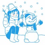  1girl bangs blue_theme blunt_bangs blush boots coat hat highres holding holding_stick hoppe_illust limited_palette long_hair long_sleeves mittens original scarf snow snowman solo stick twintails white_footwear 