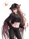  1girl absurdres black_headwear black_legwear black_shirt brown_hair casual cigarette fire flat_cap flower genshin_impact ghost hand_on_hip hat highres hu_tao_(genshin_impact) long_hair long_sleeves midriff navel plum_blossoms rable red_eyes shirt simple_background smoking stomach twintails very_long_hair white_background 