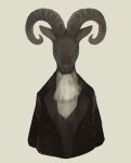  animal animal_focus black_eyes black_jacket black_vest clothed_animal cravat goat highres horns jacket looking_at_viewer no_humans original shirt simple_background tono_(rt0no) upper_body vest white_neckwear white_shirt 