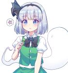  1girl bangs black_bow black_hairband black_neckwear blue_eyes bow bowtie caramell0501 closed_mouth collared_shirt dango eating food green_vest hairband highres holding holding_food konpaku_youmu konpaku_youmu_(ghost) looking_at_viewer one-hour_drawing_challenge puffy_short_sleeves puffy_sleeves shirt short_hair short_sleeves silver_hair simple_background solo spoken_flower touhou upper_body vest wagashi white_background white_shirt 