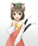  1girl :d animal_ear_fluff animal_ears bow bowtie brown_eyes brown_hair cat_ears cat_tail chen cowboy_shot dress gold_trim hand_up hat highres index_finger_raised jewelry keyakko light_blush looking_at_viewer mob_cap multiple_tails nekomata open_mouth red_dress simple_background single_earring smile solo tail touhou two_tails white_background yellow_neckwear 