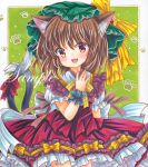  1girl :d \||/ animal_ear_fluff animal_ears blush brown_hair cat_ears cat_tail chen cowboy_shot dress gold_trim hat looking_at_viewer marker_(medium) medium_hair mob_cap multiple_tails nekomata open_mouth paw_print paw_print_background red_dress red_eyes rui_(sugar3) simple_background smile solo tail touhou traditional_media two_tails wrist_cuffs 