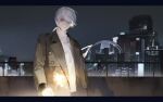  1boy blurry blurry_foreground brown_coat building buttons cityscape closed_mouth coat commentary english_commentary fireworks floating_hair highres light_smile long_hair long_sleeves looking_down low_ponytail male_focus night night_sky open_clothes open_coat outdoors railing red_eyes ribbed_sweater shadow sky sleepless_(wrysmile) solo sparkler star_(sky) starry_sky susanghan_messenger sweater symbol_commentary turtleneck turtleneck_sweater upper_body white_hair white_sweater zen_(susanghan_messenger) 