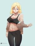  1girl abs alternate_costume arm_at_side artist_name black_bra blonde_hair blue_background blue_eyes bra breasts gelldraws highres hololive hololive_english looking_at_viewer medium_breasts navel off_shoulder sketch smile solo twitter_username underwear watson_amelia 