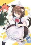  2girls :3 alternate_costume animal_ear_fluff animal_ears blush bow bowtie braid bright_pupils brown_eyes brown_hair cat_ears cat_tail chen corset dress enmaided extra_ears foot_out_of_frame green_dress halo highres jewelry kaenbyou_rin kibisake long_hair looking_at_viewer maid mouse multiple_girls multiple_tails nekomata orange_background paw_pose paw_print paw_print_background pointy_ears red_eyes red_neckwear redhead short_hair simple_background single_earring tail touhou twin_braids twintails two_tails white_pupils 