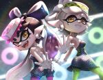 +_+ 2girls black_hair callie_(splatoon) cousins detached_collar domino_mask dress earrings fangs food food_on_head gloves gonzarez highres jewelry long_hair marie_(splatoon) mask mole mole_under_eye multiple_girls object_on_head open_mouth pantyhose pointy_ears short_hair splatoon_(series) splatoon_1 tentacle_hair white_gloves