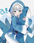  1girl a animal_hood blue_eyes blue_hair blue_hoodie blue_nails catchphrase chiemo_(xcem) cowboy_shot eyebrows_visible_through_hair fangs fish_tail gawr_gura grey_background holding holding_stuffed_toy hololive hololive_english hood hoodie looking_at_viewer medium_hair multicolored_hair nail_polish open_mouth shark_hood shark_tail sharp_teeth silver_hair simple_background solo streaked_hair stuffed_animal stuffed_shark stuffed_toy tail teeth two-tone_hair virtual_youtuber wide_sleeves 