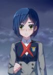  1girl bangs blue_hair blush buttons closed_mouth clouds collared_shirt commentary darling_in_the_franxx eyebrows_behind_hair green_eyes hair_ornament hairclip hand_up highres ichigo_(darling_in_the_franxx) long_sleeves looking_at_viewer military military_uniform necktie night onka_yuu red_neckwear school_uniform shirt short_hair solo tearing_up uniform upper_body white_shirt 