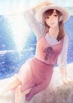  1girl backlighting brown_hair hand_on_own_head hat highres long_hair looking_at_viewer makki_(tobaccos) ocean original outdoors reflection shirt sitting skirt sky sleeves_past_elbows smile solo sun_hat traditional_media vest water 