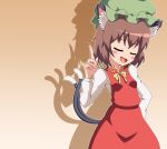  1girl absurdres animal_ear_fluff animal_ears blush bow bowtie breasts brown_background brown_hair caipirinha cat_ears cat_tail chen closed_eyes commentary_request cowboy_shot dress drop_shadow fang gold_trim hat highres index_finger_raised jewelry mob_cap multiple_tails nekomata open_mouth outline red_dress seirudo short_hair single_earring small_breasts smile solo tail touhou two_tails white_outline yellow_neckwear 