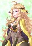  1girl ahoge bangs blonde_hair bodystocking breasts cape circlet closed_mouth covered_navel ebi_puri_(ebi-ebi) fire_emblem fire_emblem_fates grey_eyes long_hair looking_to_the_side medium_breasts ophelia_(fire_emblem) simple_background turtleneck upper_body 