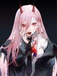  +_+ 1girl black_background black_jacket black_neckwear blood blood_on_face bloody_clothes bloody_hands chainsaw_man collared_shirt demon_horns dress_shirt fangs hand_on_own_face hand_up highres horns jacket long_hair long_sleeves looking_at_viewer necktie off_shoulder open_mouth pink_hair power_(chainsaw_man) red_eyes red_horns shirt simple_background sleepless_(wrysmile) solo teeth upper_body white_shirt 